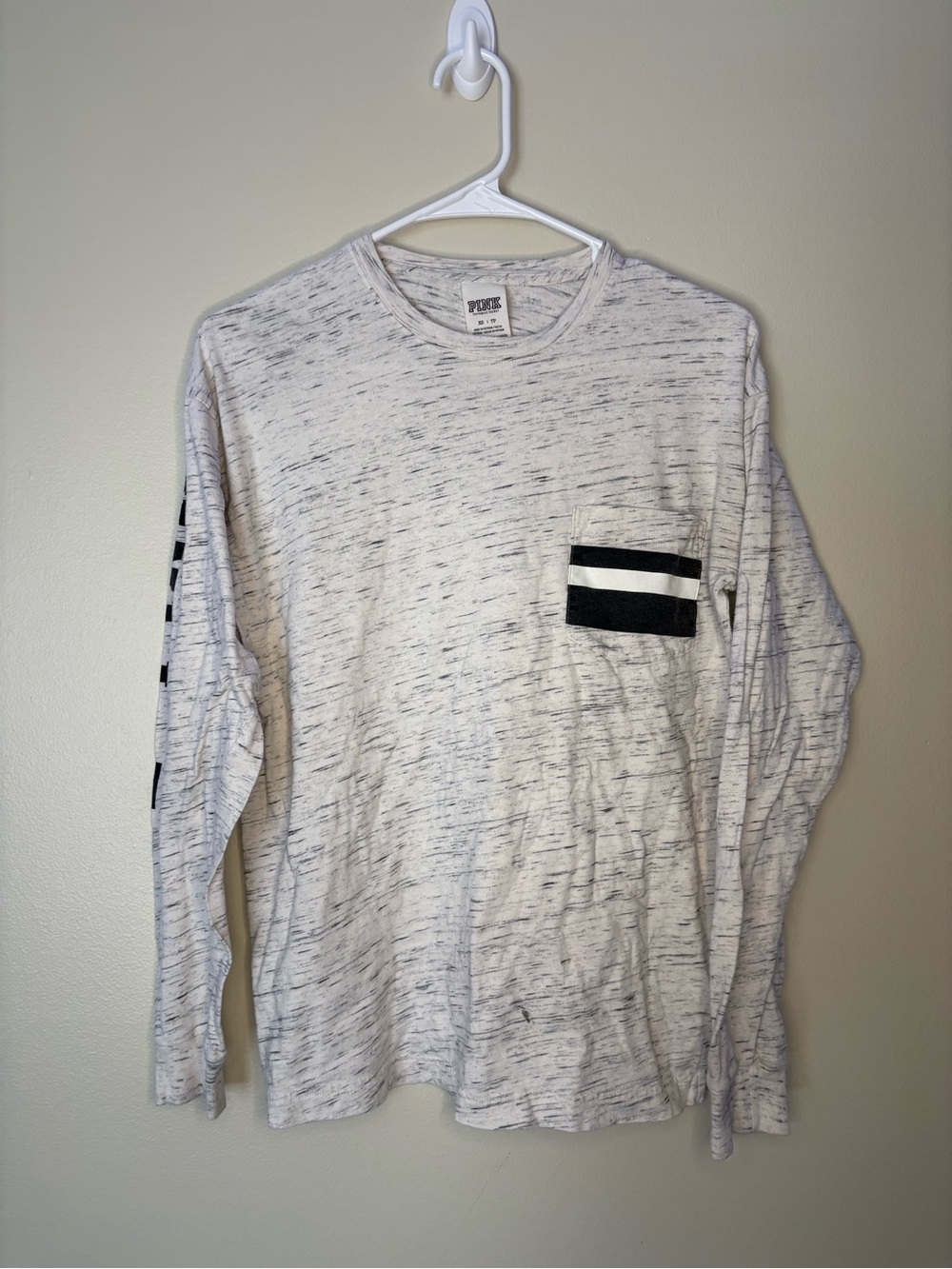PINK Victoria's Secret White Heather Long Sleeve Tee with Black Pocket Stripe